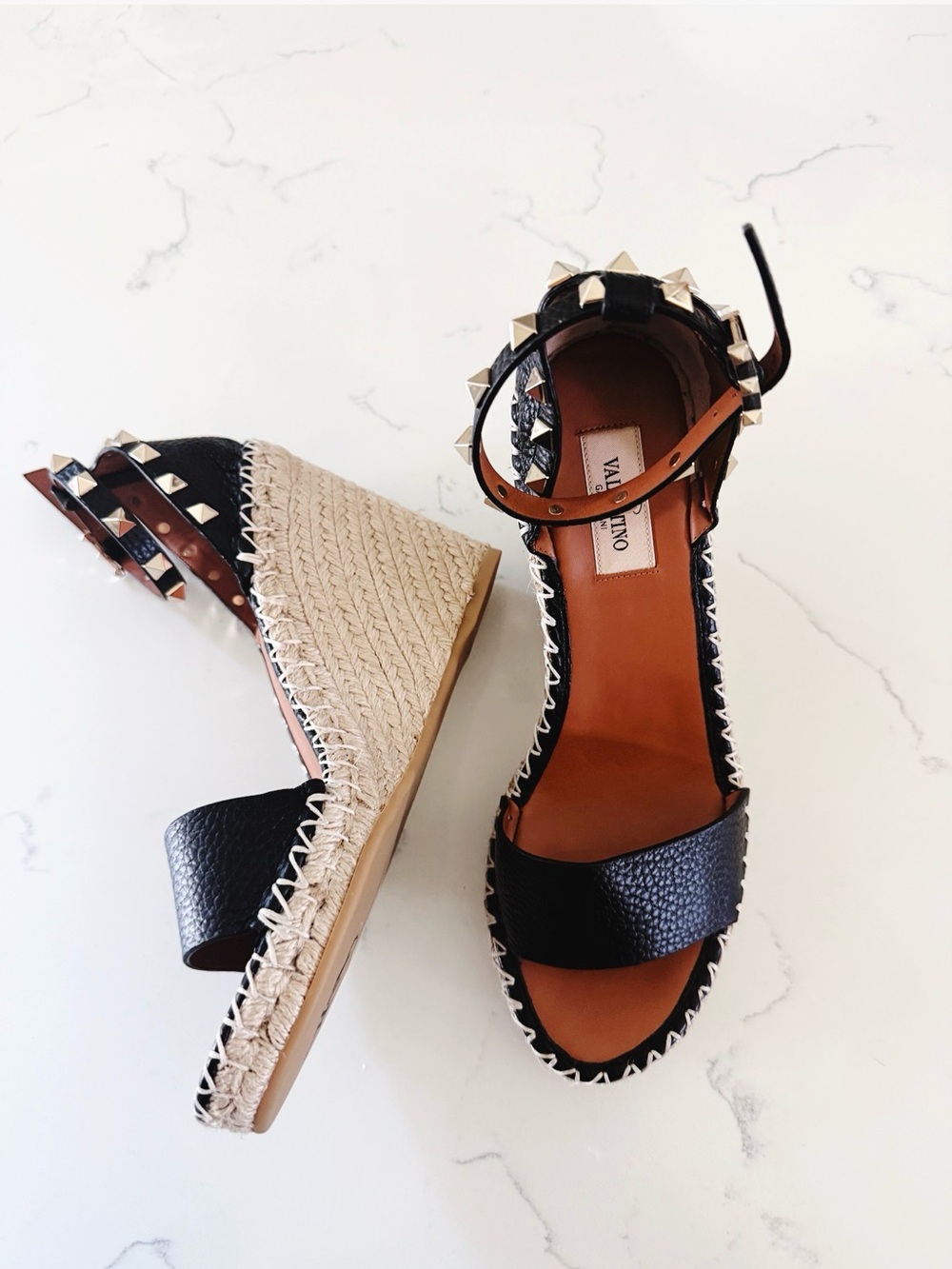 Valentino Garavani Black Leather Studded Espadrille Wedge Sandals - Picture 6 of 8